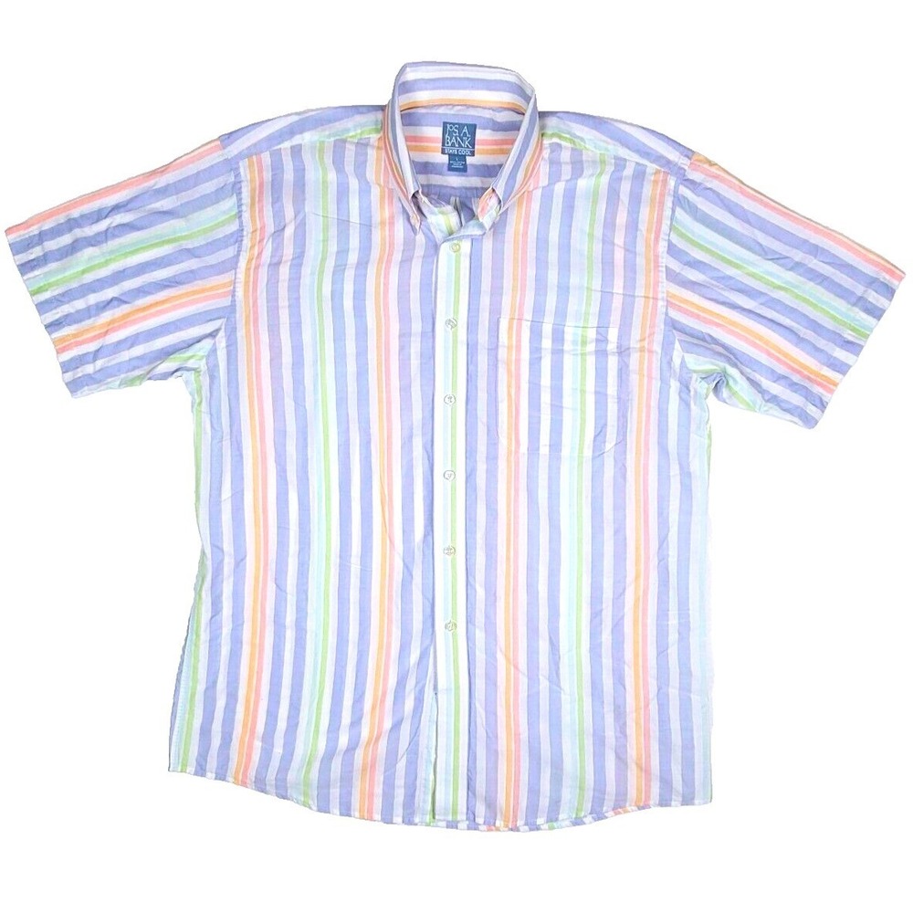 Jos A‎ Bank Men's L Large Striped Dress Shirt Cotton Short Sleeve Spring